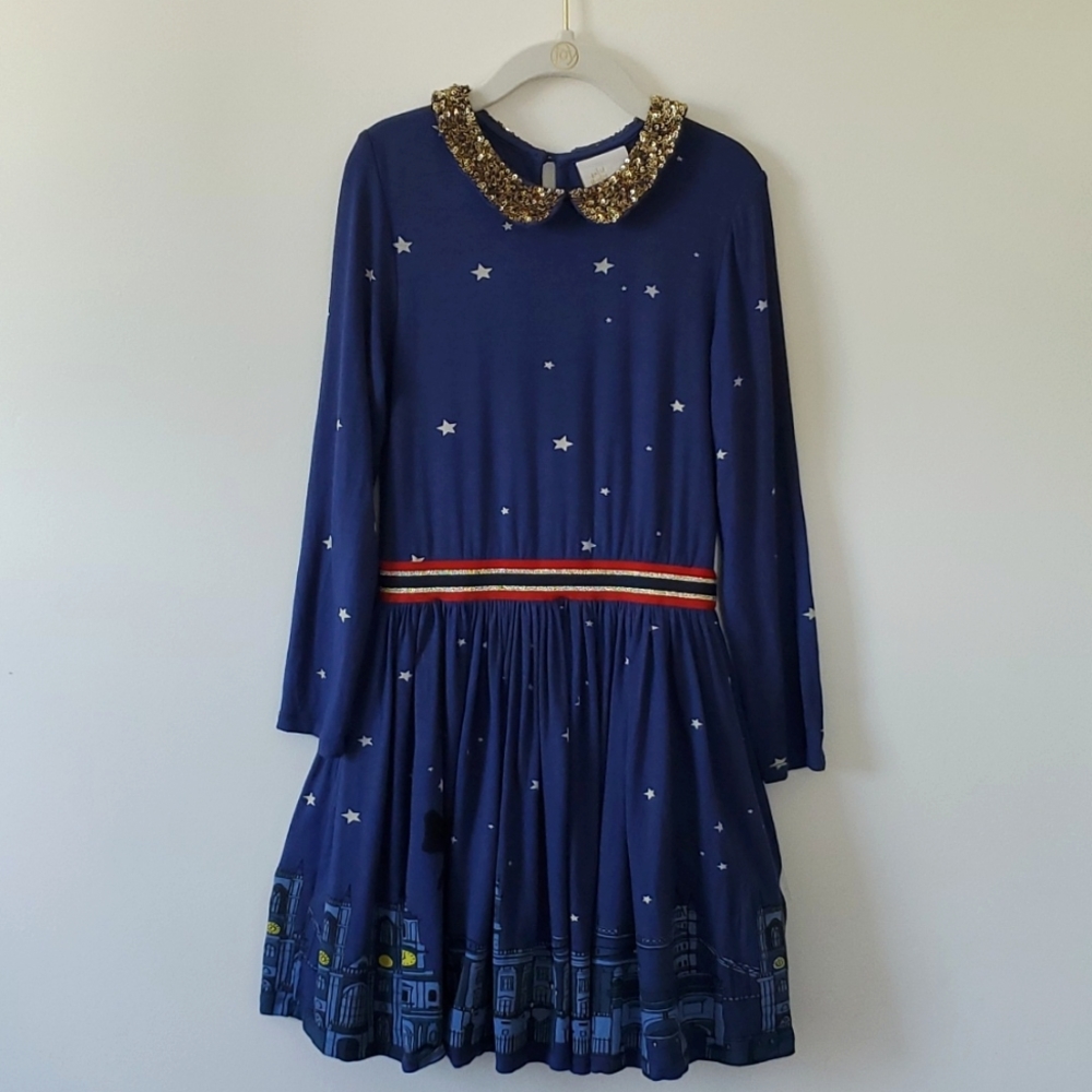 Mini Boden Navy Roald Dahl BFG Star & City Print Dress with Gold Sequin Collar